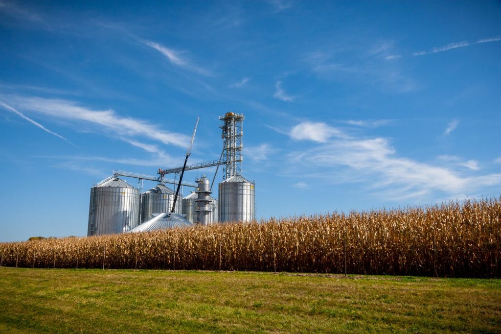 The Art of Drawing Readers In: Your attractive post title goes here A farm with modern grain silos next to a ripe cornfield under a clear blue sky.