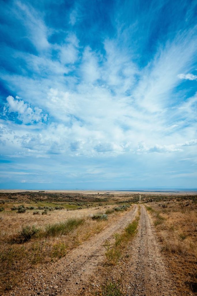 Lonely dirt road through expansive Idaho countryside under a vibrant blue sky.